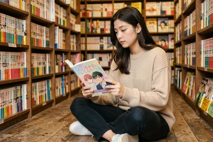 Jeune femme lisant un manga Boys Love dans une librairie spécialisée manga avec des étagères remplies de volumes japonais