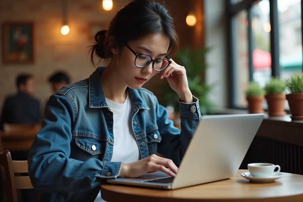 Femme lisant des mangas en ligne sur un ordinateur portable dans un café moderne