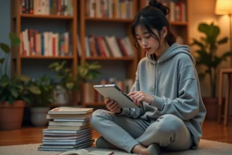 Jeune femme lisant des mangas sur une tablette numérique entourée de volumes physiques dans un appartement cosy