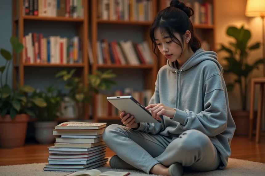 Jeune femme lisant des mangas sur une tablette numérique entourée de volumes physiques dans un appartement cosy