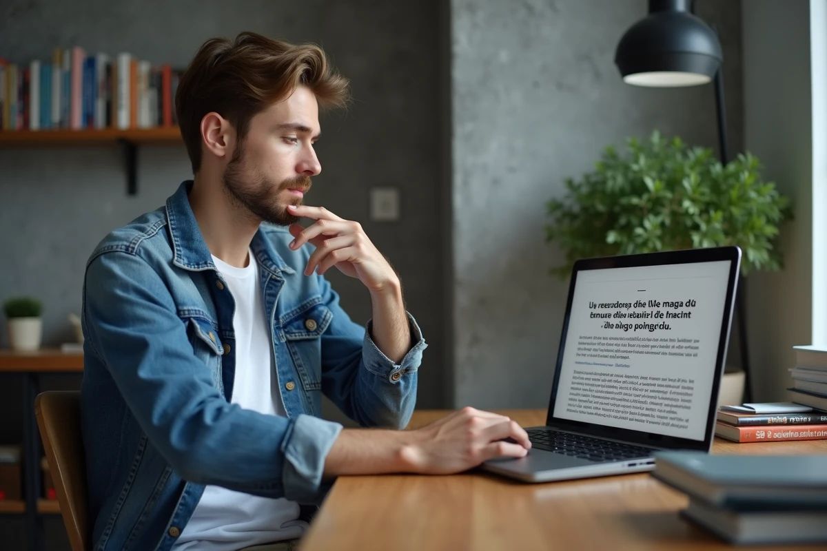 Homme lisant des mangas en français sur ordinateur portable dans un bureau moderne