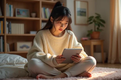 Jeune femme lisant un webtoon sur tablette dans sa chambre cosy entourée de mangas