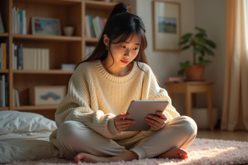Jeune femme lisant un webtoon sur tablette dans sa chambre cosy entourée de mangas