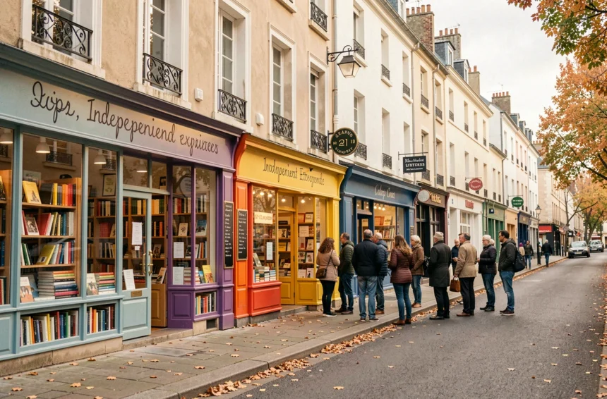 Vue d'une rue commerçante en Seine-Saint-Denis avec plusieurs librairies indépendantes aux devantures colorées