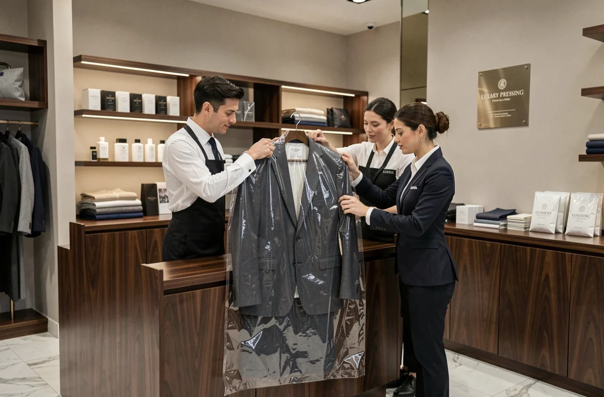 Intérieur luxueux du Luxury Pressing à Tassin-la-Demi-Lune avec comptoir en bois sombre et prise en charge soignée d'un costume en laine