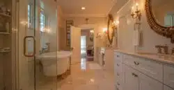 dresser near glass shower stall