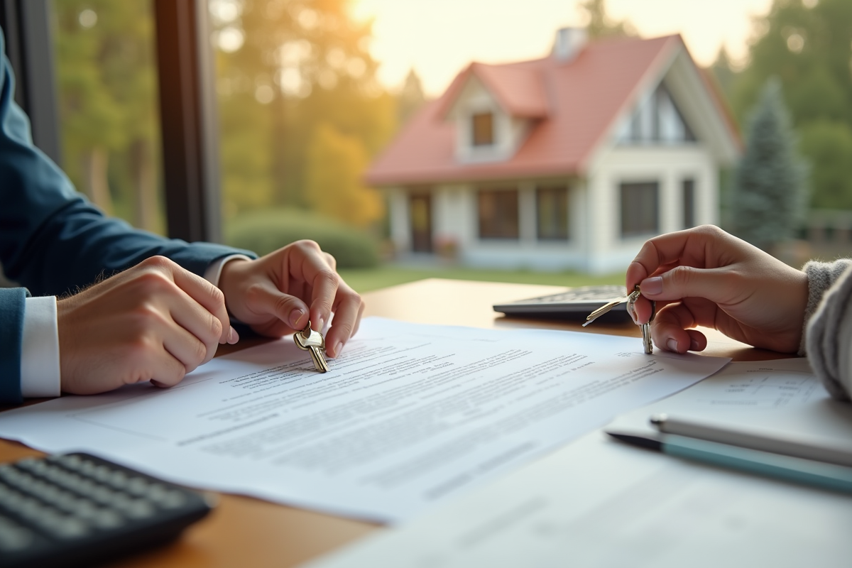 Main tenant un contrat et des clés devant une maison moderne
