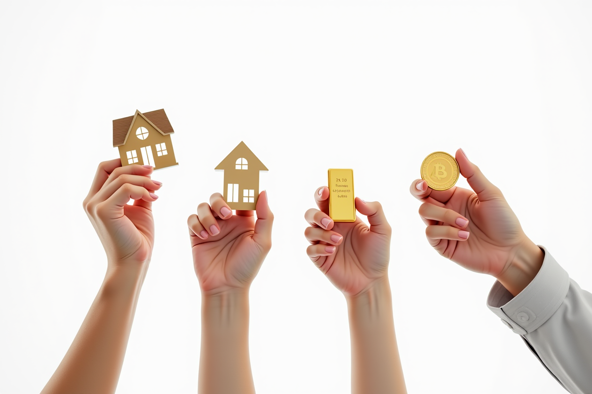 Mains tenant des objets symboliques d actifs financiers divers