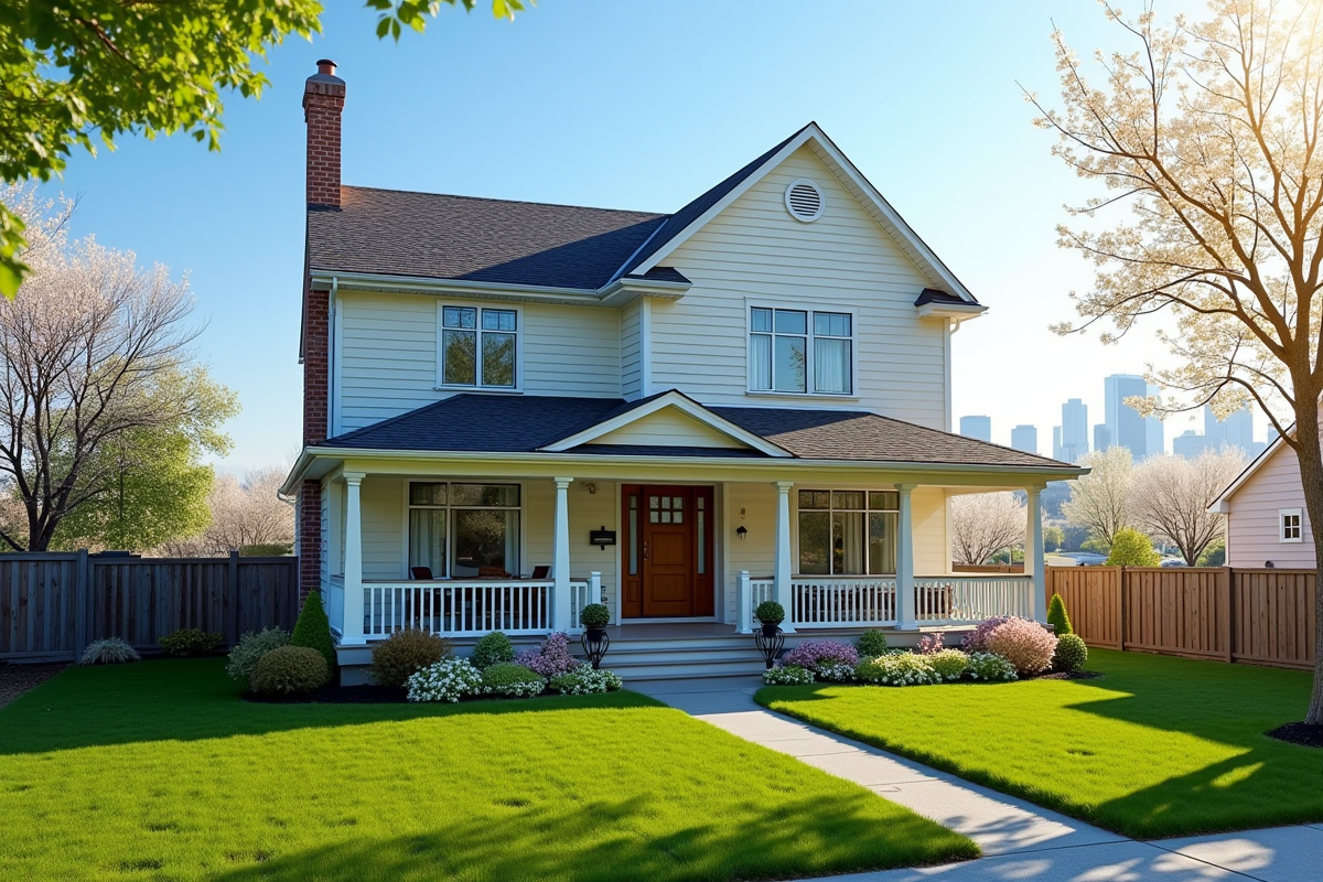 Maison canadienne à deux étages dans un quartier résidentiel au printemps