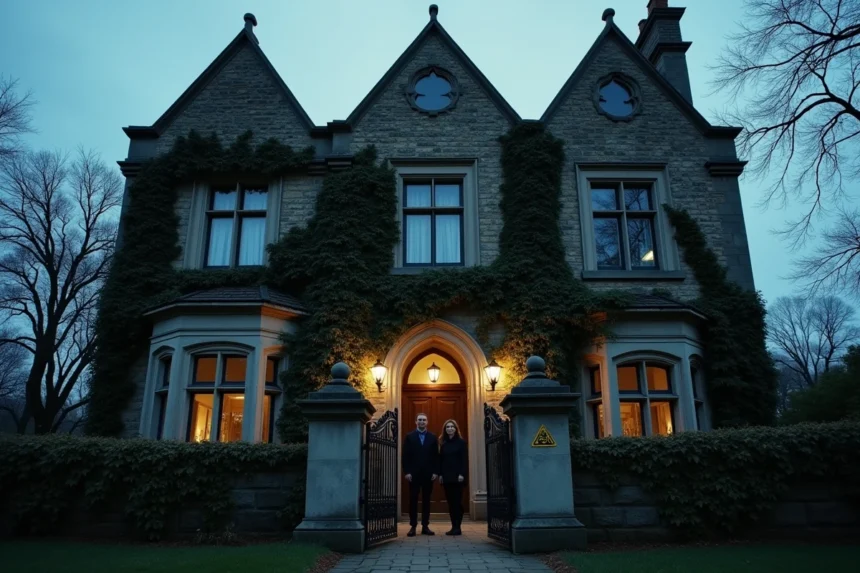 Façade gothique d'un manoir hanté avec un couple hésitant devant l'entrée en fer forgé au crépuscule