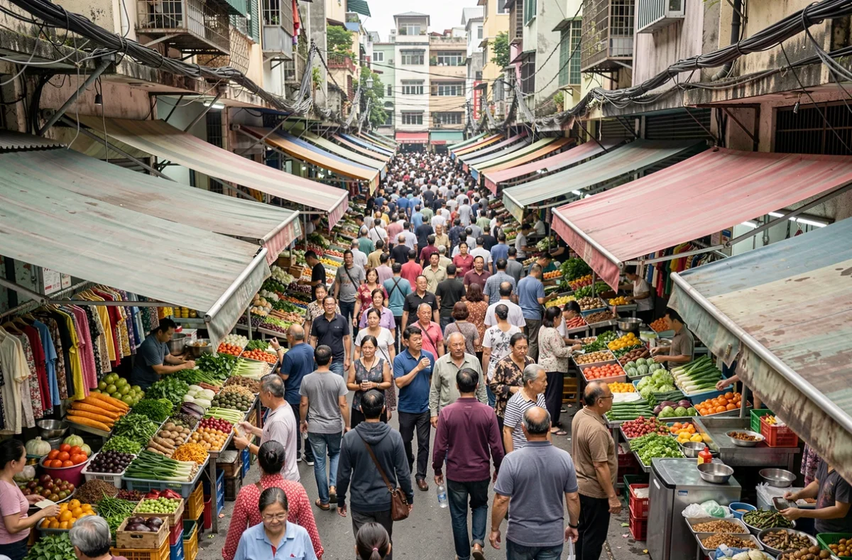 Marché urbain bondé en Asie illustrant la densité de population mondiale et la croissance démographique dans les grandes métropoles