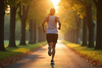 Personne en tenue de sport marchant sur un chemin ensoleille