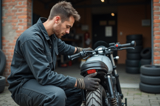 Jeune homme inspectant la chaîne d'une moto 125cc