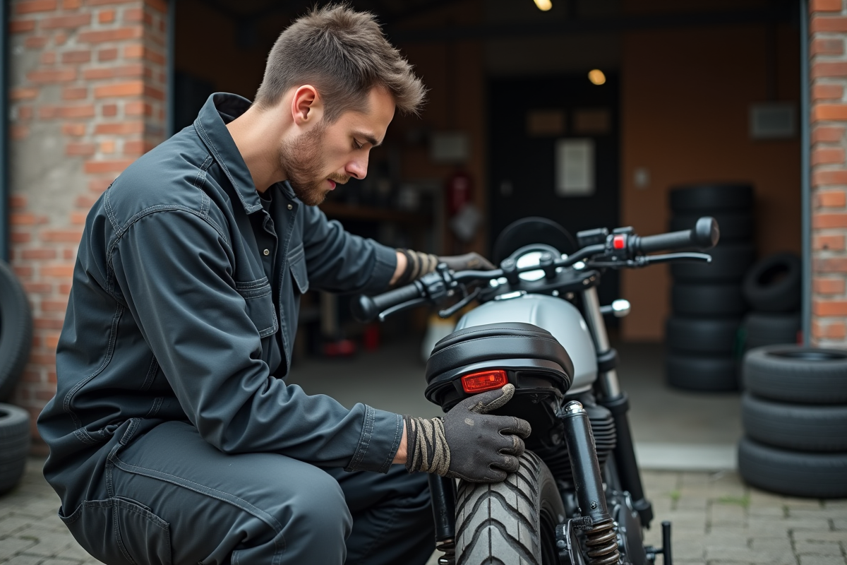 Jeune homme inspectant la chaîne d'une moto 125cc
