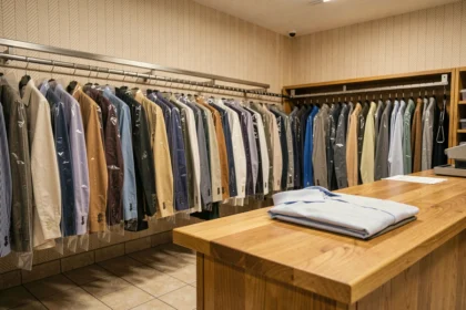 Intérieur d'un pressing lyonnais avec des vêtements protégés sous housse sur un rail mécanique et un comptoir en bois au premier plan