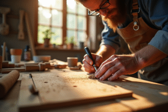 Menuisier en action dans un atelier ensoleille avec travail du bois