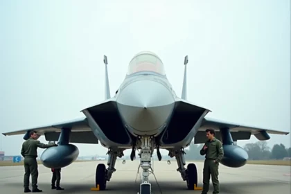 Avion de chasse Mirage 2026 en inspection au sol sur un tarmac militaire, vue avant trois quarts