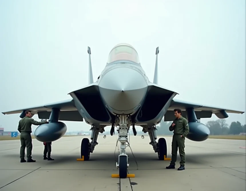 Avion de chasse Mirage 2026 en inspection au sol sur un tarmac militaire, vue avant trois quarts