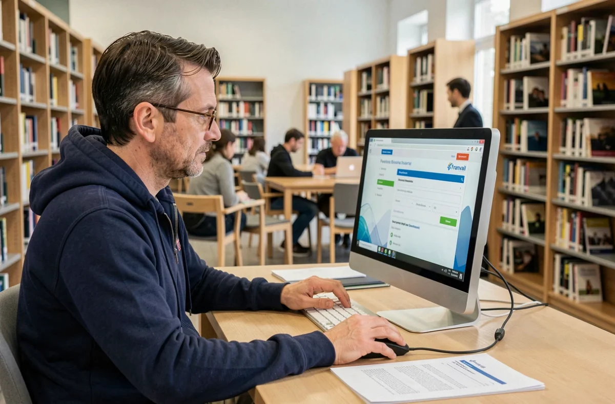 Homme utilisant un ordinateur public en bibliothèque pour mettre à jour son adresse sur le portail France Travail