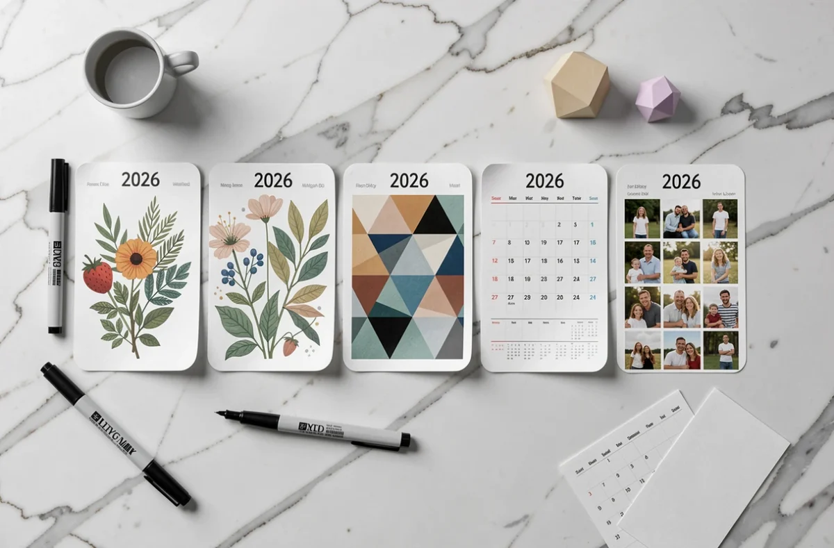 Sélection de modèles de calendriers magnétiques 2026 posés sur un comptoir en marbre pour comparaison