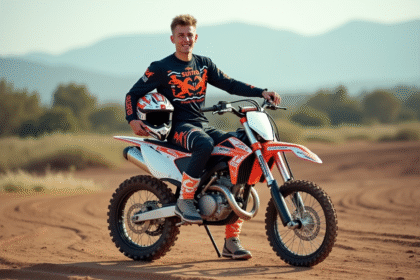 Coureur de motocross masculin en gear coloré sur sa moto 150cc