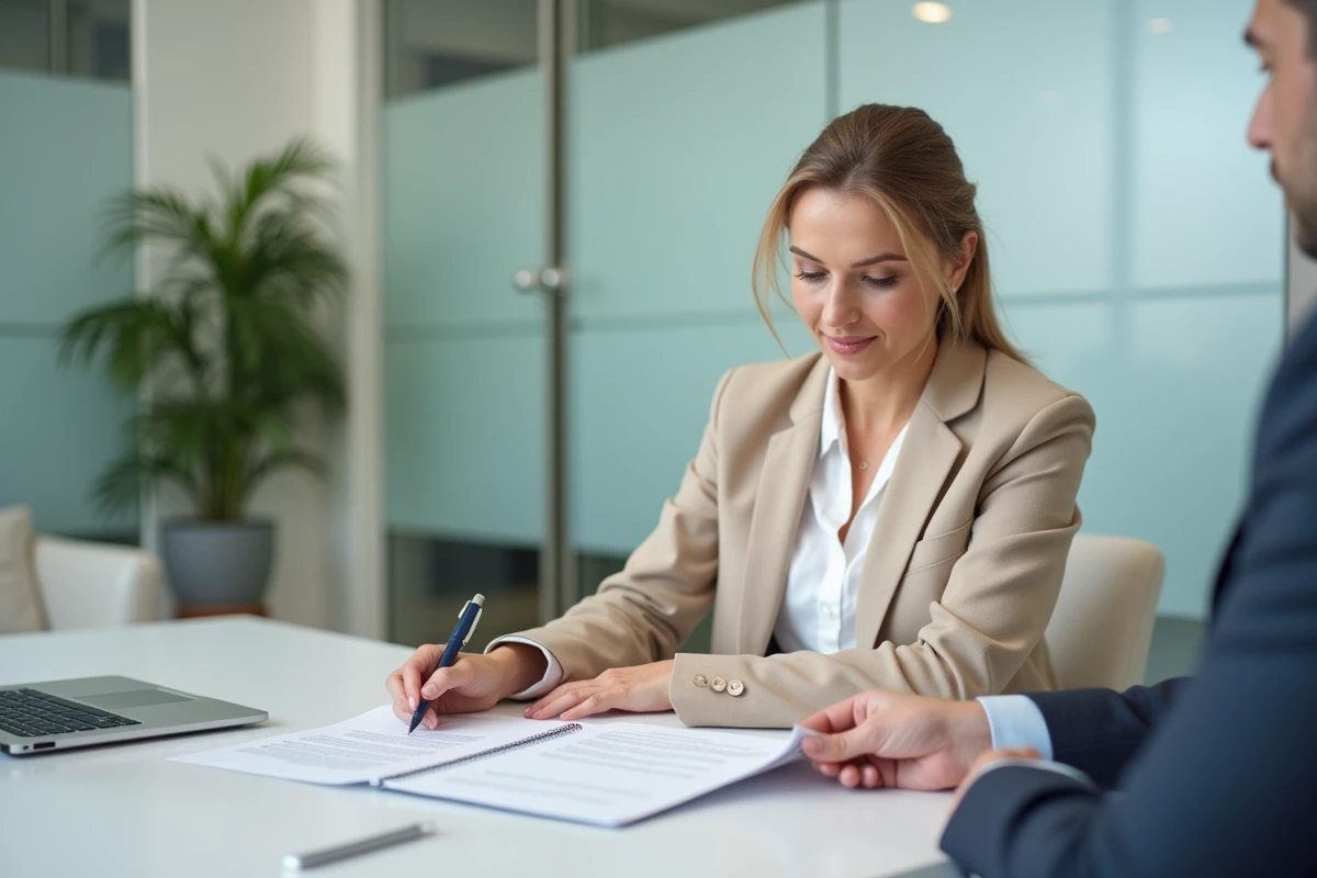 Cliente discutant d'un contrat avec un notaire pour identifier les clauses susceptibles de caducité selon le code civil