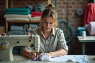 Ouvrière en atelier textile inspectant un tissu