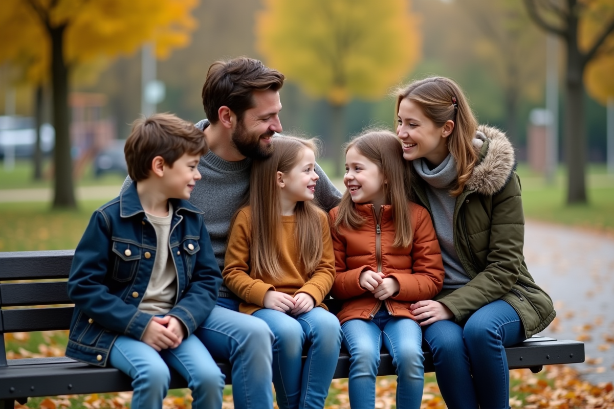 Parents et enfants discutant dans un parc en automne