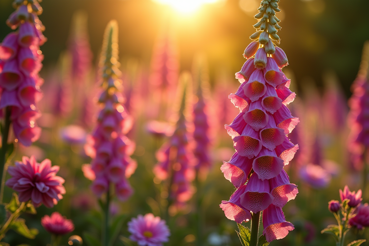 Parterre de fleurs avec digitales et fuchsias au coucher du soleil