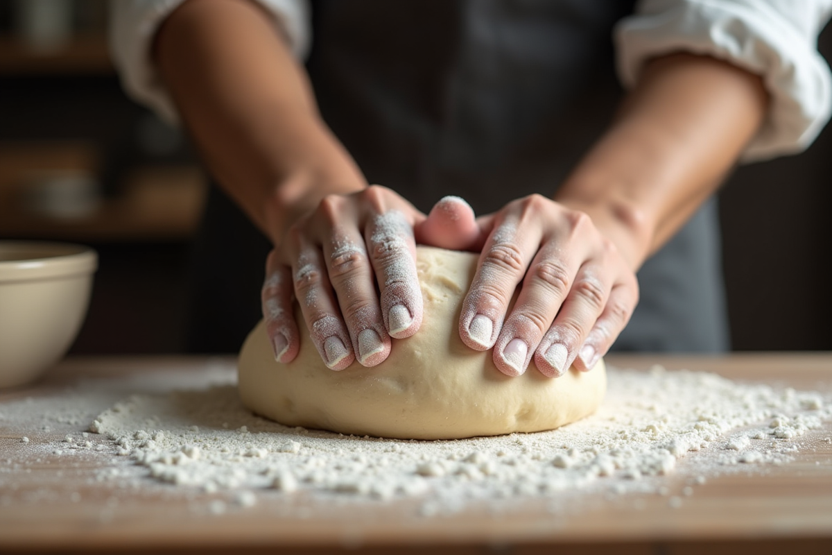 Mains de boulanger pétrissant une pâte à pain rustique
