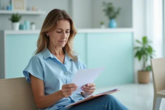 Patiente dans une salle d'attente d'un laboratoire médical à Aix-en-Provence consultant ses documents de suivi médical