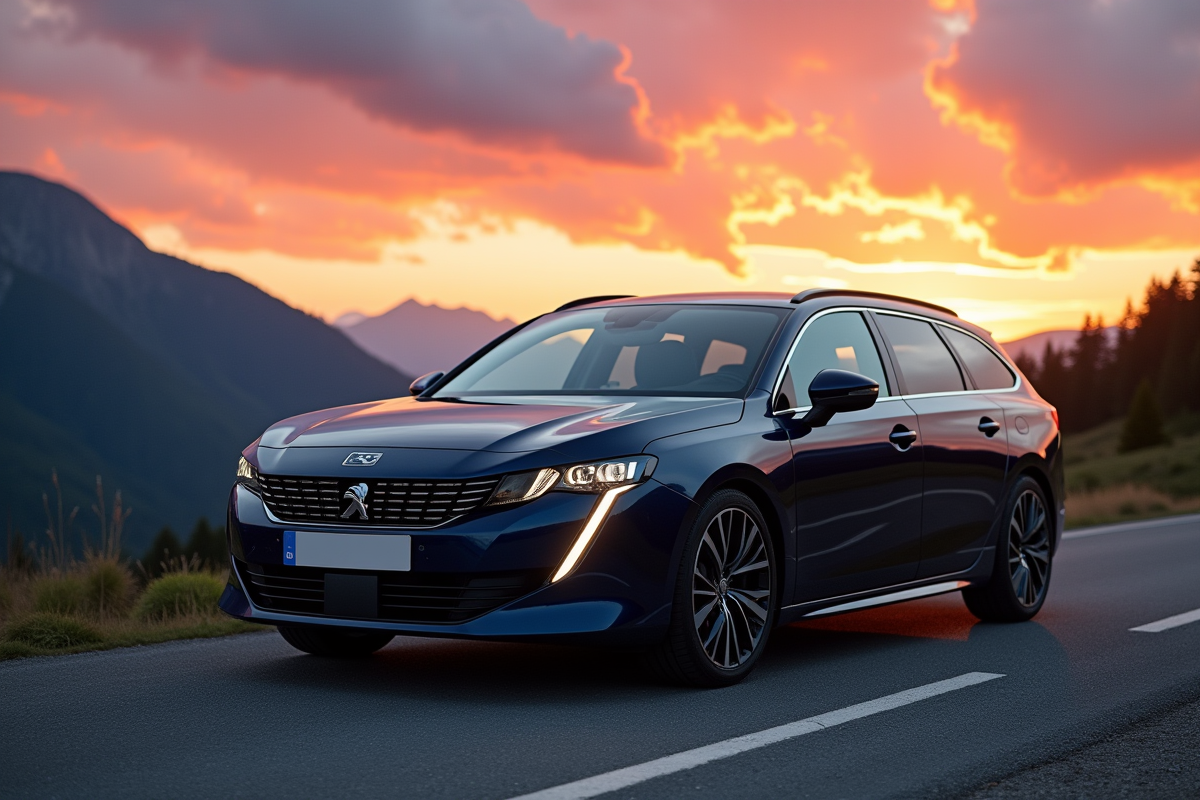 Peugeot 508 SW au lever du soleil en montagne