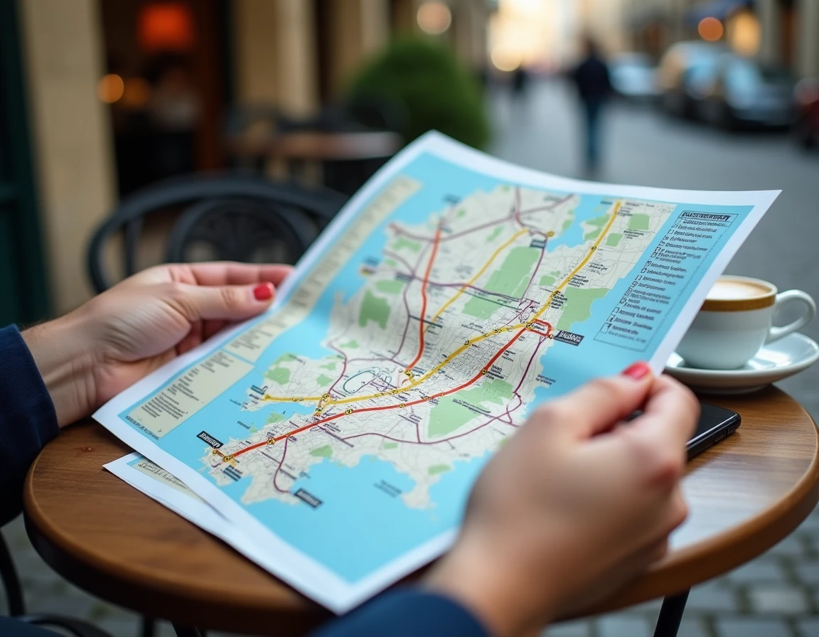 Plan imprimé du réseau de tramway de Bordeaux posé sur une table de café avec une tasse d'expresso