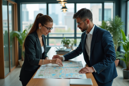 Femme et homme en réunion avec carte de mobilité urbaine