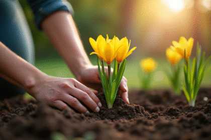 Mains de jardinier plantant des bulbes de freesias dans la terre