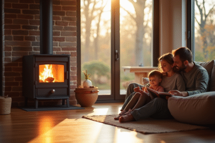 Poêle à pellets moderne dans un salon chaleureux et lumineux