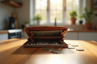 Portefeuille ouvert avec quelques pièces sur une table en bois lumineux