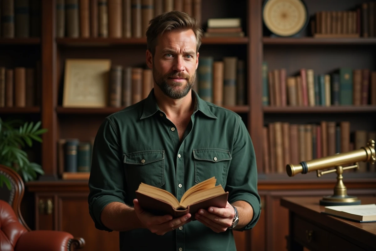 Homme passionné d'astrologie dans une bibliothèque vintage avec cartes célestes et télescope, portrait du Cancer du 12 juillet curieux et introspectif