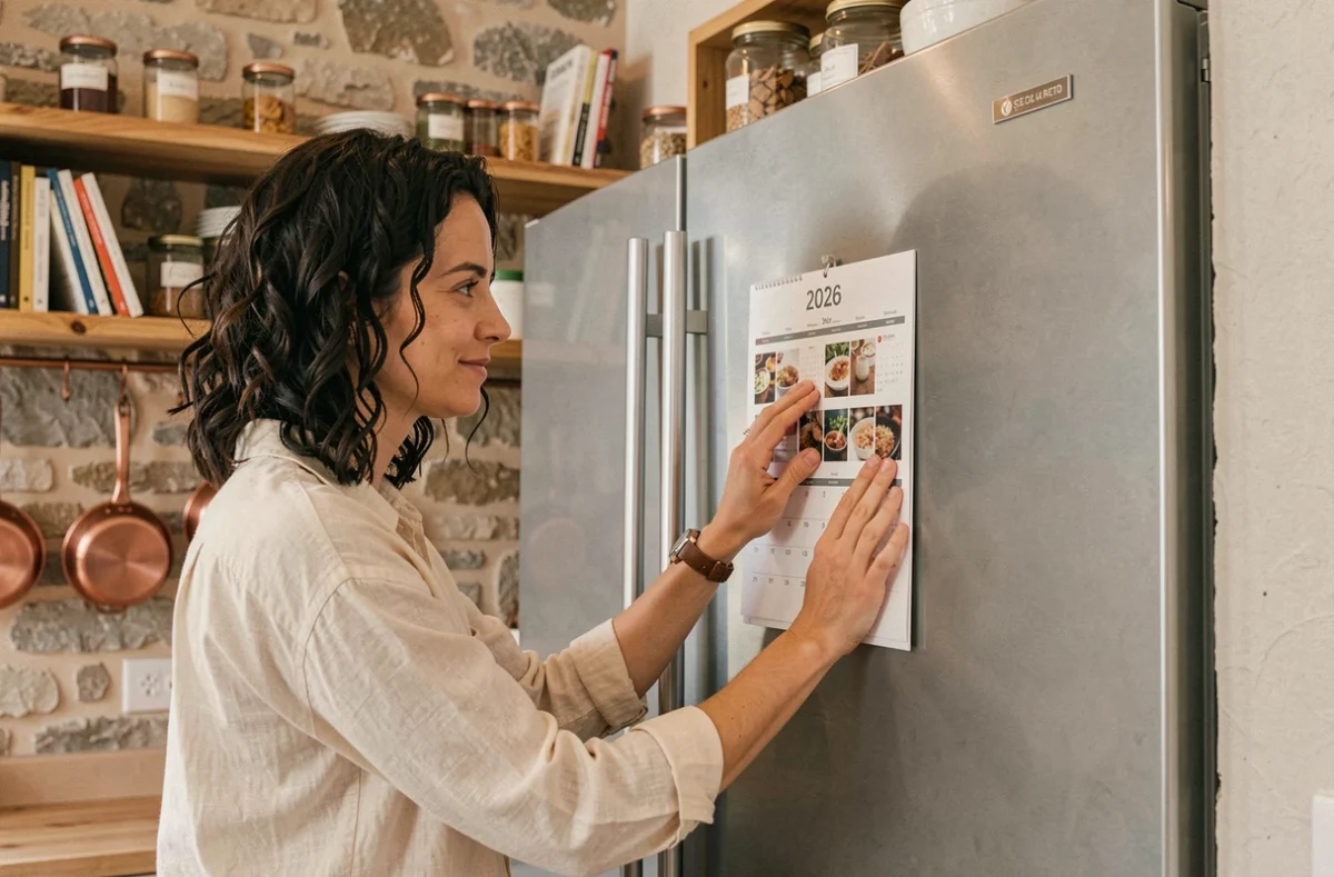 Femme posant un calendrier magnétique personnalisé 2026 sur un réfrigérateur dans un appartement français