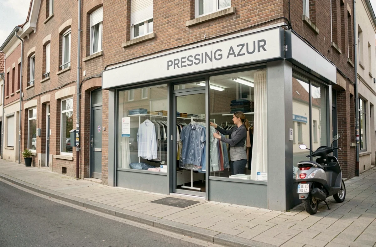 Devanture du Pressing Azur à Bron avec une employée rangeant des vêtements sous housse dans la vitrine du pressing de proximité