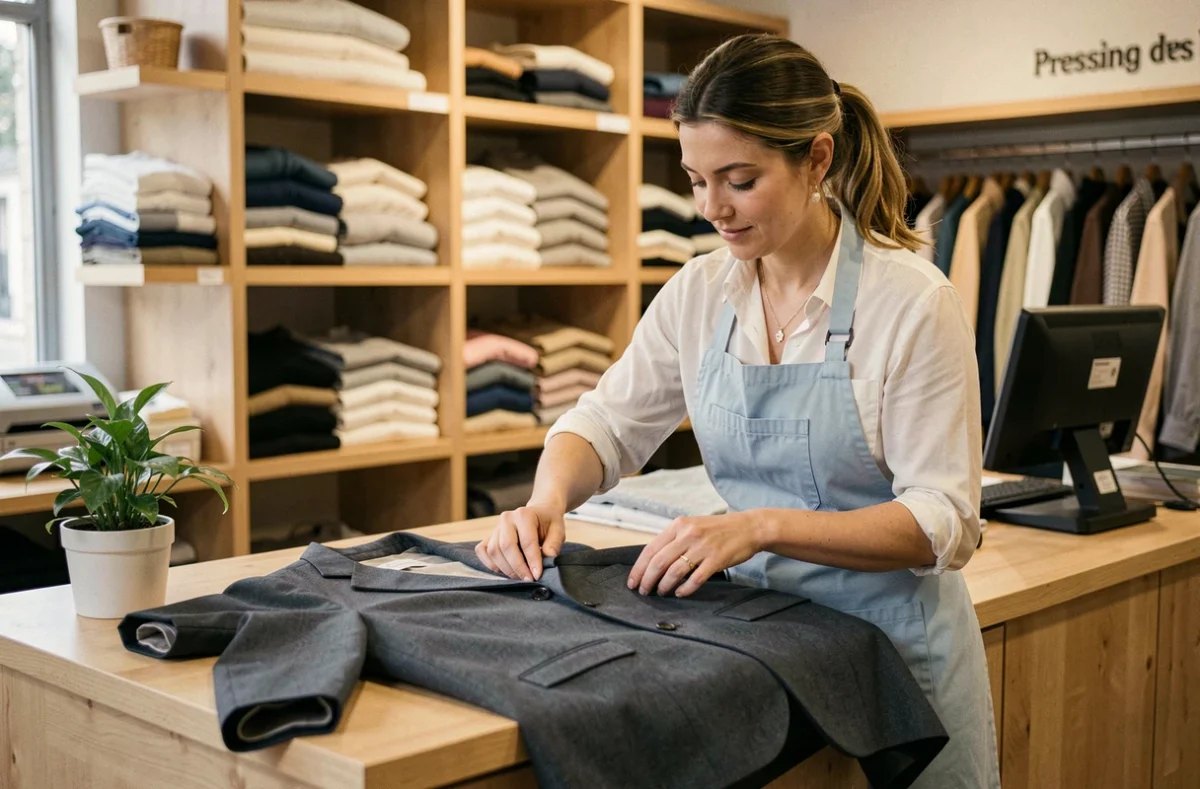 Employée du Pressing des Lys à Lyon 3 inspectant un blazer sur le comptoir d'accueil de l'atelier