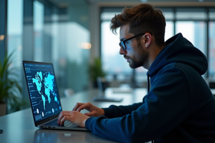 Jeune homme en hoodie travaillant sur un ordinateur avec carte du monde