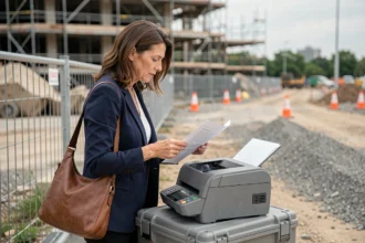 Professionnelle de terrain imprimant un document couleur avec une imprimante portable sur un chantier de construction