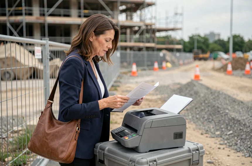 Professionnelle de terrain imprimant un document couleur avec une imprimante portable sur un chantier de construction