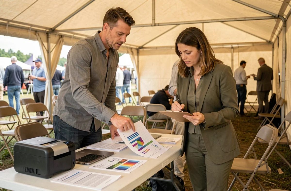 Deux professionnels consultant un rapport couleur imprimé sur site avec une imprimante portable lors d'un événement extérieur