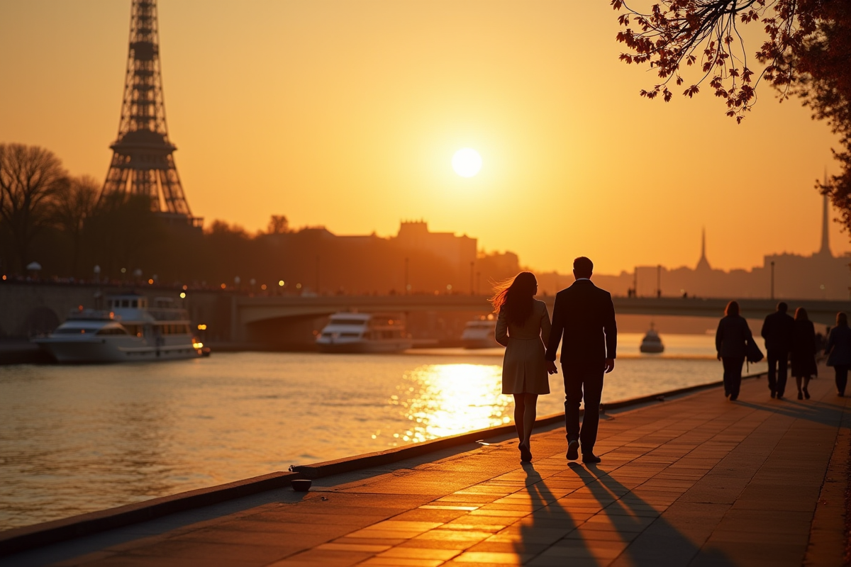 Couple se promenant le long de la Seine au coucher du soleil