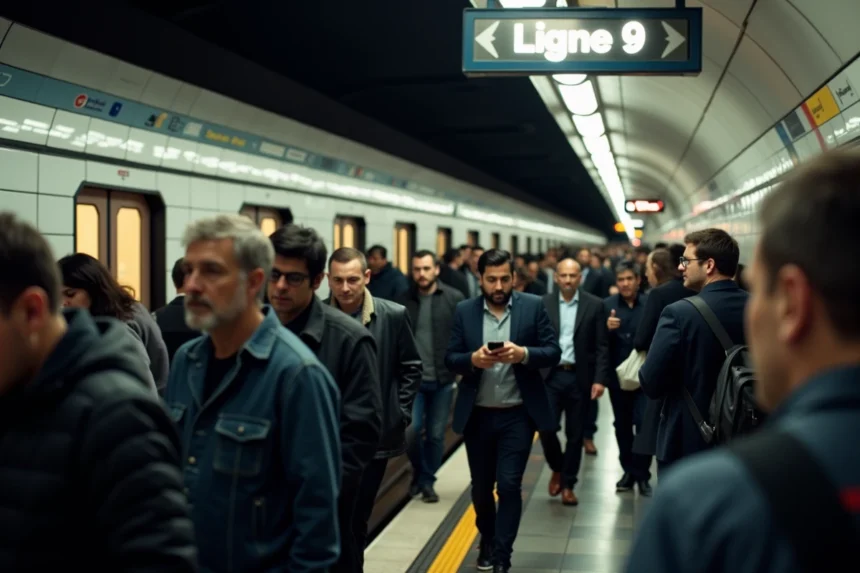 Quai bondé de la ligne 9 du métro parisien aux heures de pointe avec des voyageurs attendant le train
