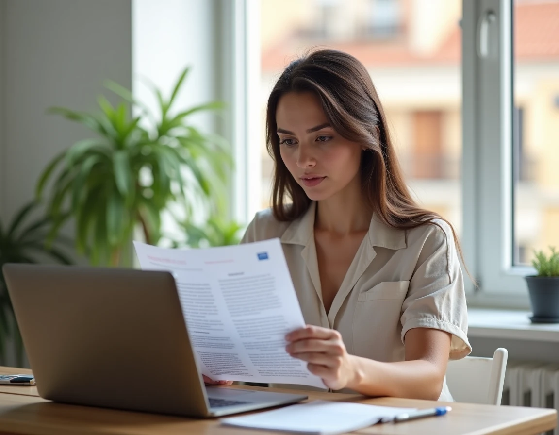Femme consultant un avis d'amende espagnole pour excès de vitesse et cherchant les recours possibles