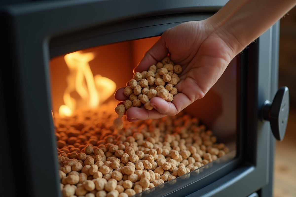 Main versant des pellets dans un poêle à pellets haut de gamme