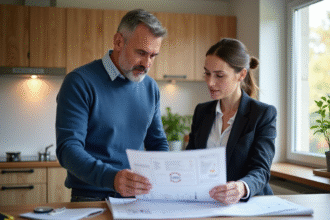 Hommes et femme examinant des échantillons d'isolation dans une cuisine